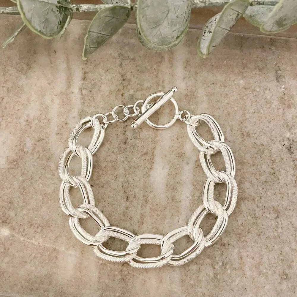 925 Sterling Silver Chunky Chain Link Toggle Bracelet Silver Statement Bracelet - Picture 4 of 8